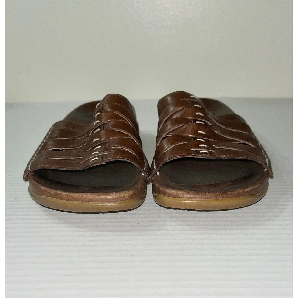 Clarks Woven Slide Sandals Womens 7M Brown Leather Slip On Woven Shoes Vacation